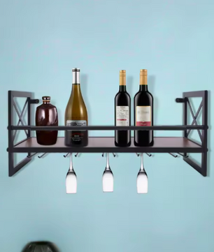 Wandrek Wijnflessenhouder met Glashaken – Metaal & Hout, 61 cm