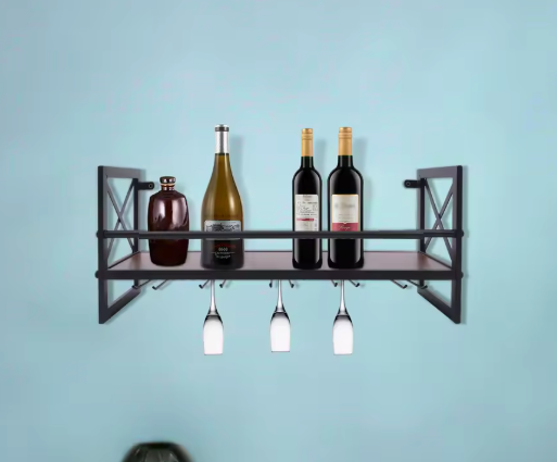 Wandrek Wijnflessenhouder met Glashaken – Metaal & Hout, 61 cm
