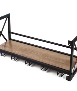 Wandrek Wijnflessenhouder met Glashaken – Metaal & Hout, 61 cm