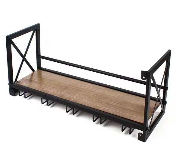 Wandrek Wijnflessenhouder met Glashaken – Metaal & Hout, 61 cm