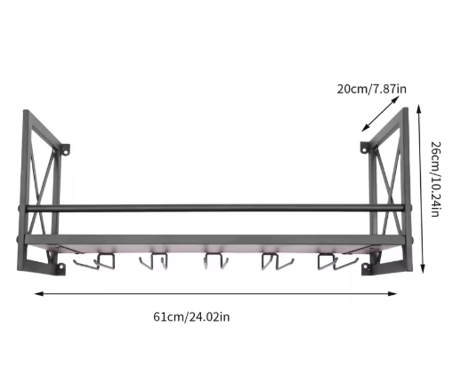 Wijnrek Wandmontage met Glashouder – Zwart Metaal, 61 cm