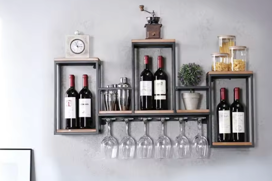 Wandrek Wijnflessenhouder met Glashaken – Metaal & Hout, 106 cm