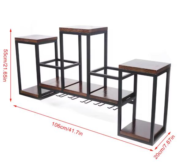 Wandrek Wijnflessenhouder met Glashaken – Metaal & Hout, 106 cm