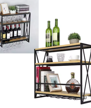 Wijnrek Wandmontage 3-Lagen – Metaal & MDF, Industrieel Design