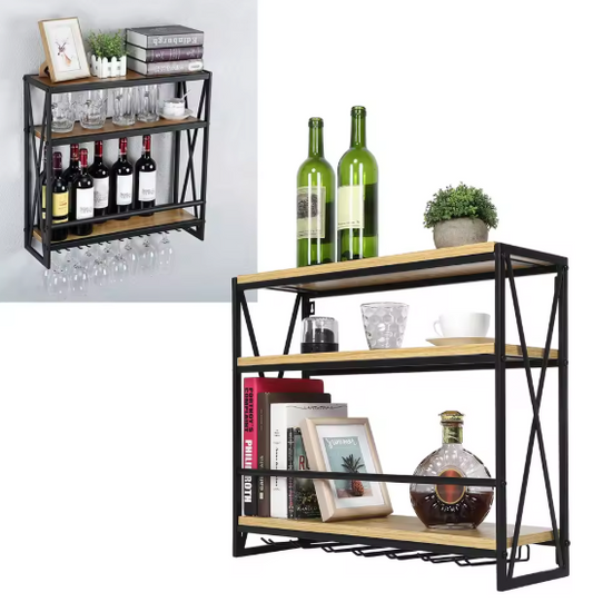 Wijnrek Wandmontage 3-Lagen – Metaal & MDF, Industrieel Design