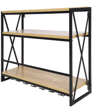 Wijnrek Wandmontage 3-Lagen – Metaal & MDF, Industrieel Design