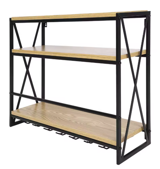 Wijnrek Wandmontage 3-Lagen – Metaal & MDF, Industrieel Design