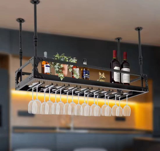 Plafondgemonteerd Wijnrek 100 cm – Metaal & Vintage Houtlook