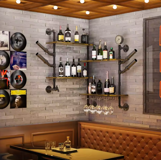 Wand Wijnrek met 4 Planken & Glashouders – Industrieel Design