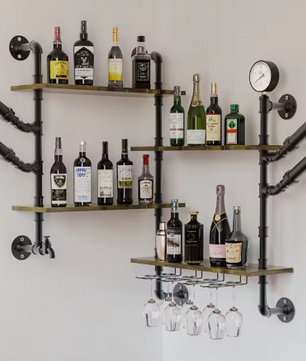 Wand Wijnrek met 4 Planken & Glashouders – Industrieel Design