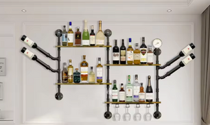 Wand Wijnrek met 4 Planken & Glashouders – Industrieel Design