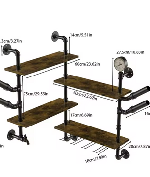 Wand Wijnrek met 4 Planken & Glashouders – Industrieel Design