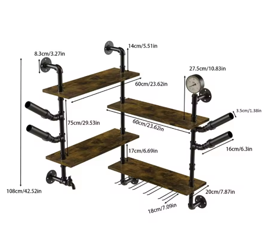 Wand Wijnrek met 4 Planken & Glashouders – Industrieel Design