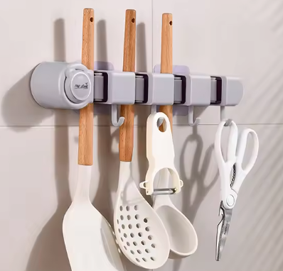 Wandhouder voor Bezem & Mop – Organizer met Haken, Zonder Boren