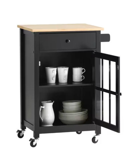Keukenwagen met Lade, Kast & Wielen – Rubberen Werkblad, 63×88×46 cm