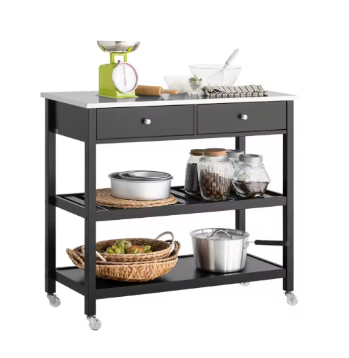 Zwarte Keukentrolley met RVS Blad, Lades & Planken – 92 cm