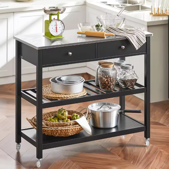 Zwarte Keukentrolley met RVS Blad, Lades & Planken – 92 cm