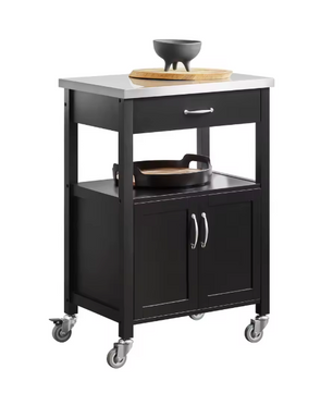 Zwarte Keukentrolley met RVS Blad, Lade & Kast – 92 cm