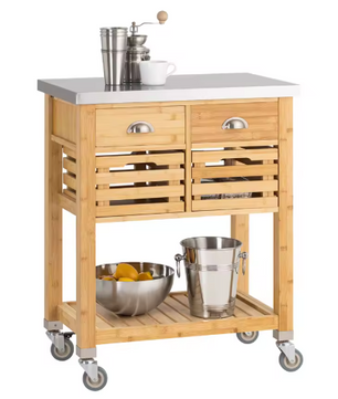 Bamboe Keukentrolley met RVS Blad, 2 Lades & 2 Manden – 93 cm