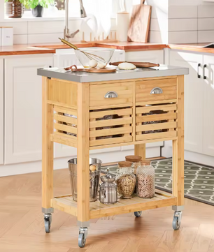 Bamboe Keukentrolley met RVS Blad, 2 Lades & 2 Manden – 93 cm