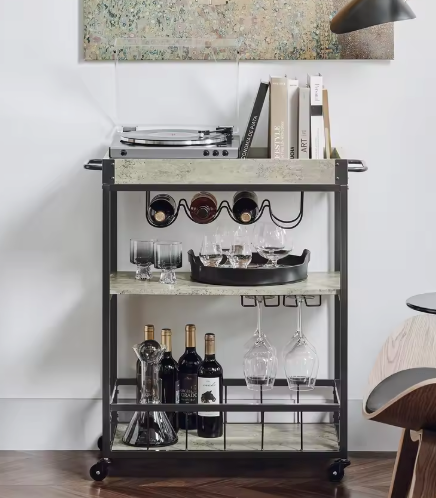 Betonlook Keukentrolley met Dienblad & Flessenrek – 90 cm