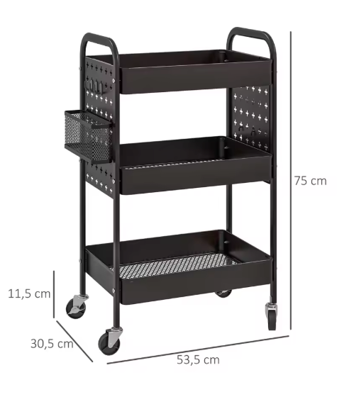 3-laags Keukentrolley met Mandjes & Haken – Zwart Staal, 75 cm