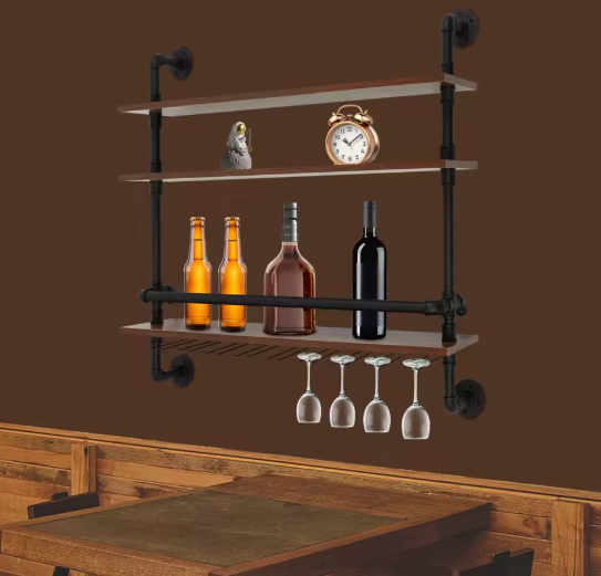 Wand Wijnrek met Wijnglashouders – Industrieel Design & Hout