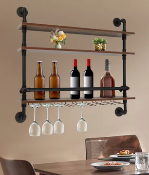 Wand Wijnrek met Wijnglashouders – Industrieel Design & Hout