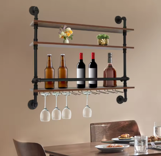 Wand Wijnrek met Wijnglashouders – Industrieel Design & Hout
