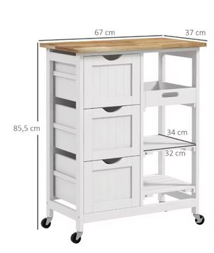 Witte Keukentrolley met 3 Lades & Verwijderbaar Dienblad – 85,5 cm