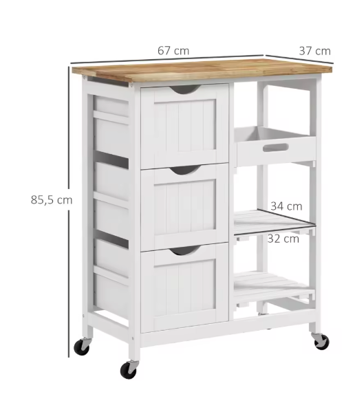 Witte Keukentrolley met 3 Lades & Verwijderbaar Dienblad – 85,5 cm