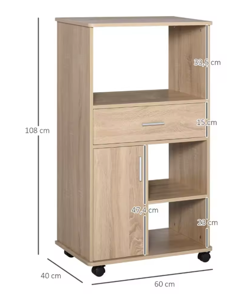 Keukentrolley met Magnetronplank, Lade & Kast op Wielen – 108 cm