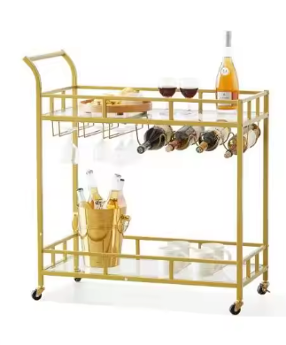 Gouden Barwagen op Wielen – Met Glashouder & Wijnrek