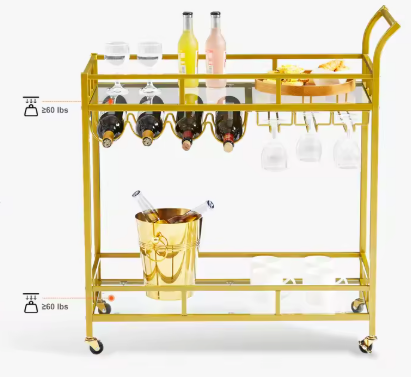 Gouden Barwagen op Wielen – Met Glashouder & Wijnrek