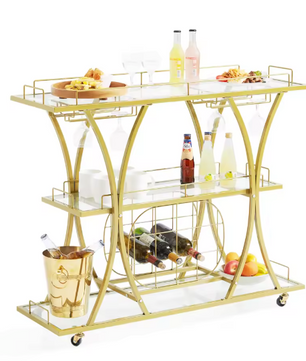 Gouden Barwagen op Wielen – Met Glashouder & Wijnrek