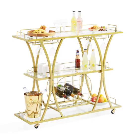 Gouden Barwagen op Wielen – Met Glashouder & Wijnrek
