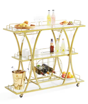 Gouden Barwagen op Wielen – Met Glashouder & Wijnrek