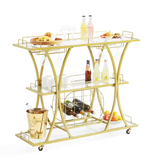 Gouden Barwagen op Wielen – Met Glashouder & Wijnrek