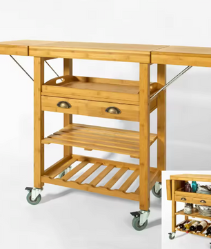 Bamboe Keukenwagen met Uitschuifblad, Lade & Flessenrek