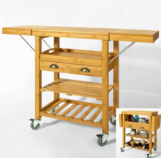 Bamboe Keukenwagen met Uitschuifblad, Lade & Flessenrek