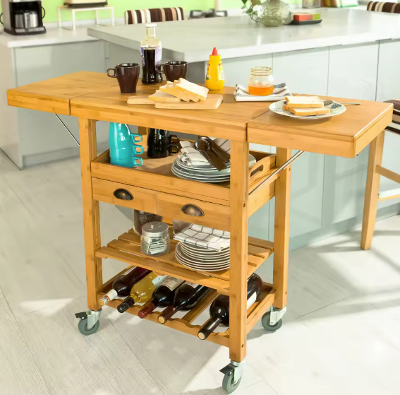 Bamboe Keukenwagen met Uitschuifblad, Lade & Flessenrek