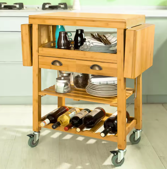 Bamboe Keukenwagen met Uitschuifblad, Lade & Flessenrek