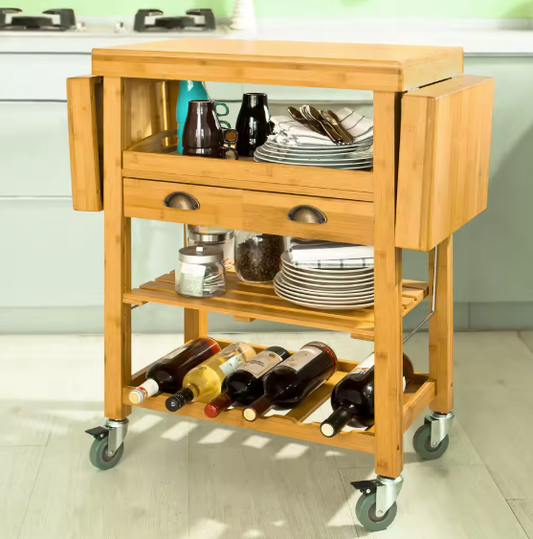 Bamboe Keukenwagen met Uitschuifblad, Lade & Flessenrek