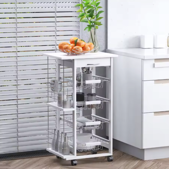 Witte Keukentrolley met Manden, Lade en Zijplanken – 83 cm