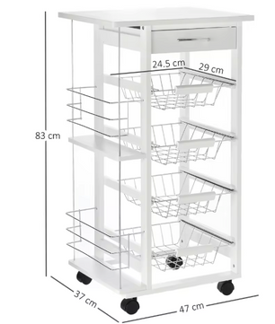 Witte Keukentrolley met Manden, Lade en Zijplanken – 83 cm