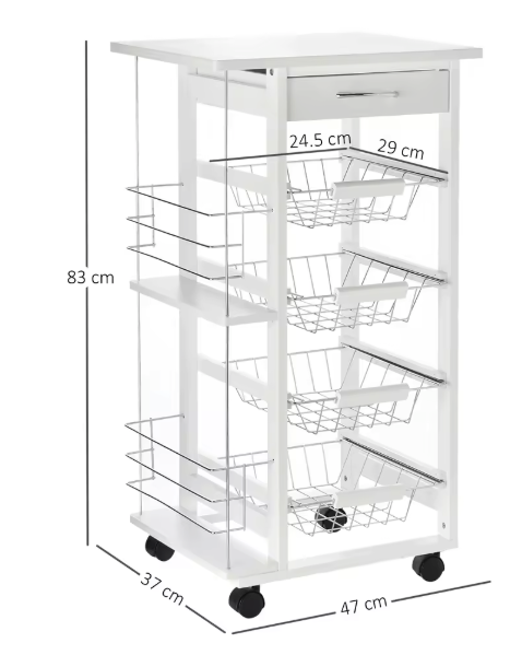 Witte Keukentrolley met Manden, Lade en Zijplanken – 83 cm