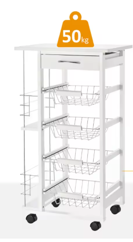 Witte Keukentrolley met Manden, Lade en Zijplanken – 83 cm