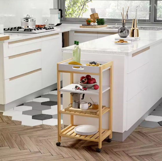 Witte Keukenwagen met Planken & Afneembaar Dienblad – 76 cm Hoog