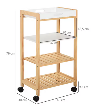 Witte Keukenwagen met Planken & Afneembaar Dienblad – 76 cm Hoog