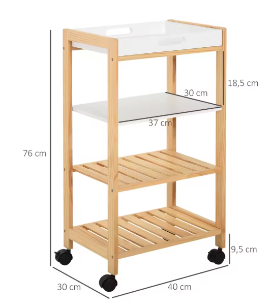 Witte Keukenwagen met Planken & Afneembaar Dienblad – 76 cm Hoog